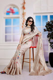Viscose Zari Patta Border And Floral Digital Print Beige Saree