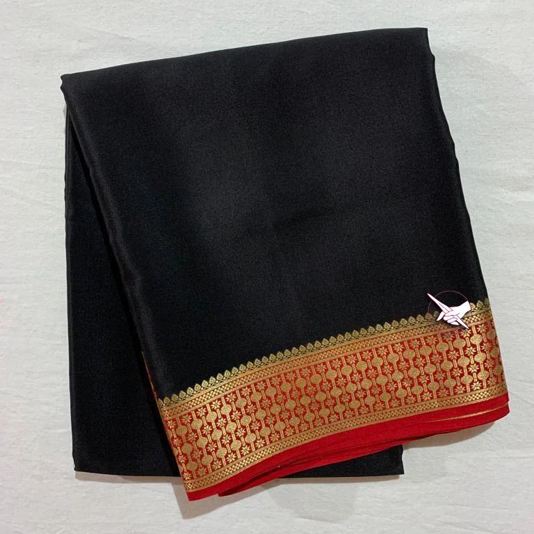 Floral Zari Border Black with Pink  Colour Plain Mysore Silk Saree.