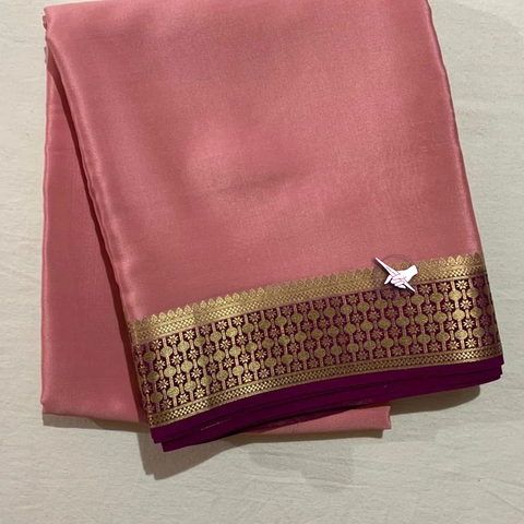 Exclusive  Zari Border  Pink  With Purple  Colour Plain Mysore Silk Saree.
