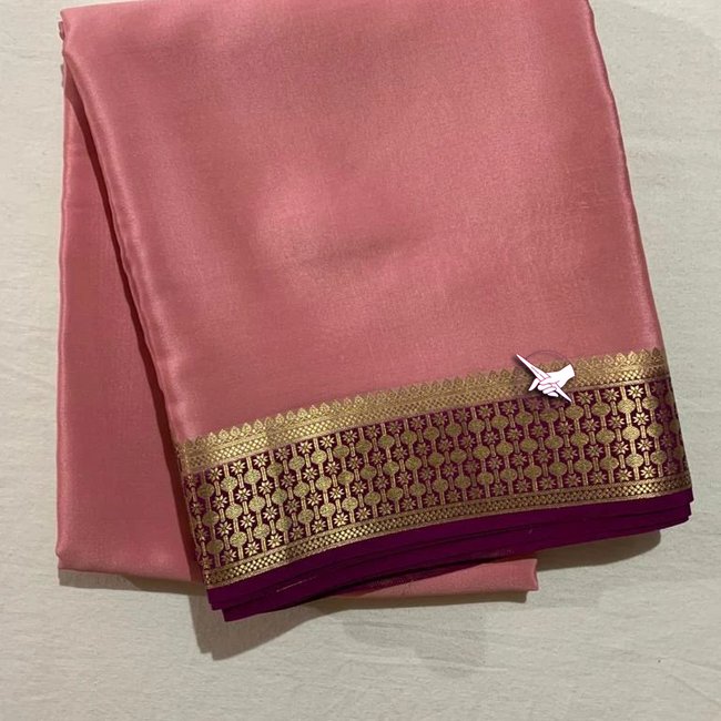 Exclusive  Zari Border  Pink  With Purple  Colour Plain Mysore Silk Saree.