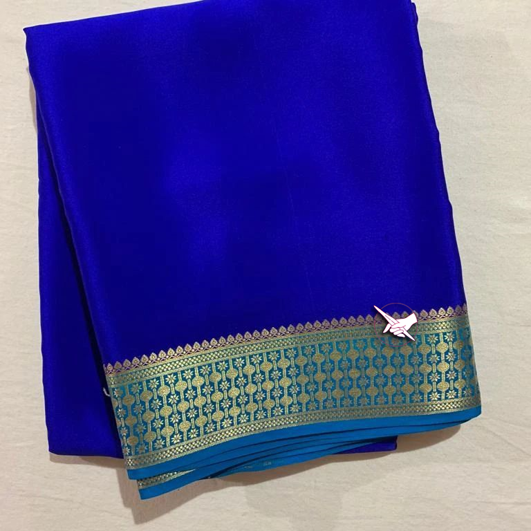 Floral Zari Border  Blue  Colour Plain Mysore Silk Saree.