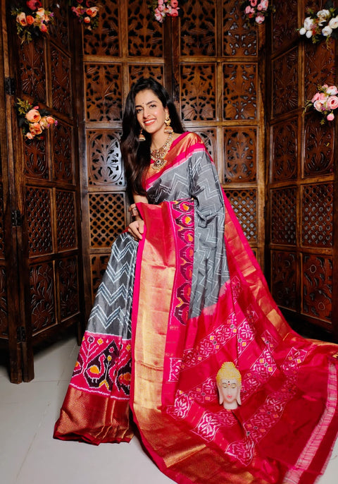 Trendy Handloom Soft Silk Saree With Traditional Kanchi Ikkat Prints