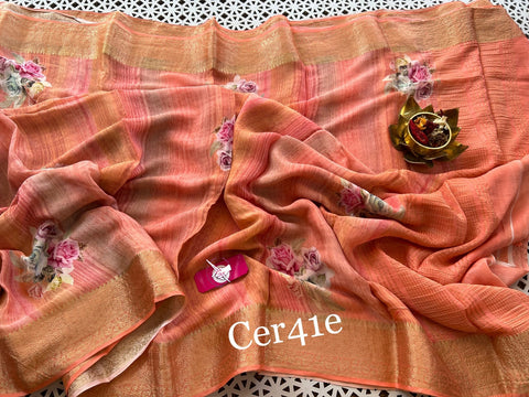 Pothys' women's pink linen cotton saree with a blouse piece, a perfect blend of elegance.