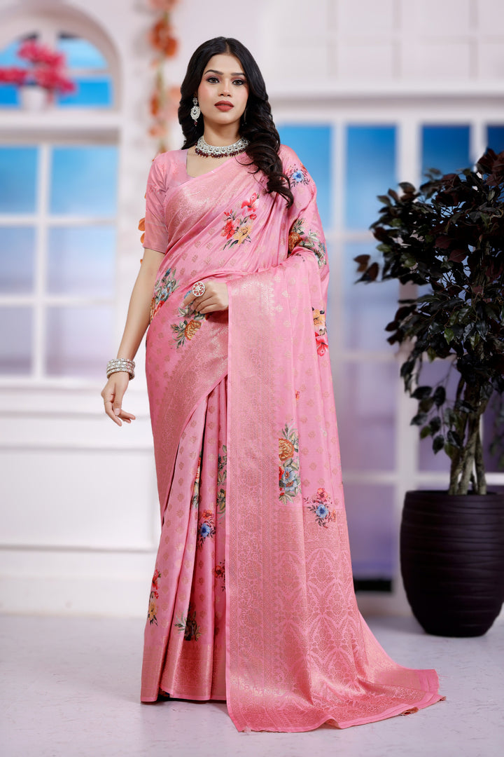 Luxurious Viscose Pink Party Wear Saree With Running Blouse For Womens