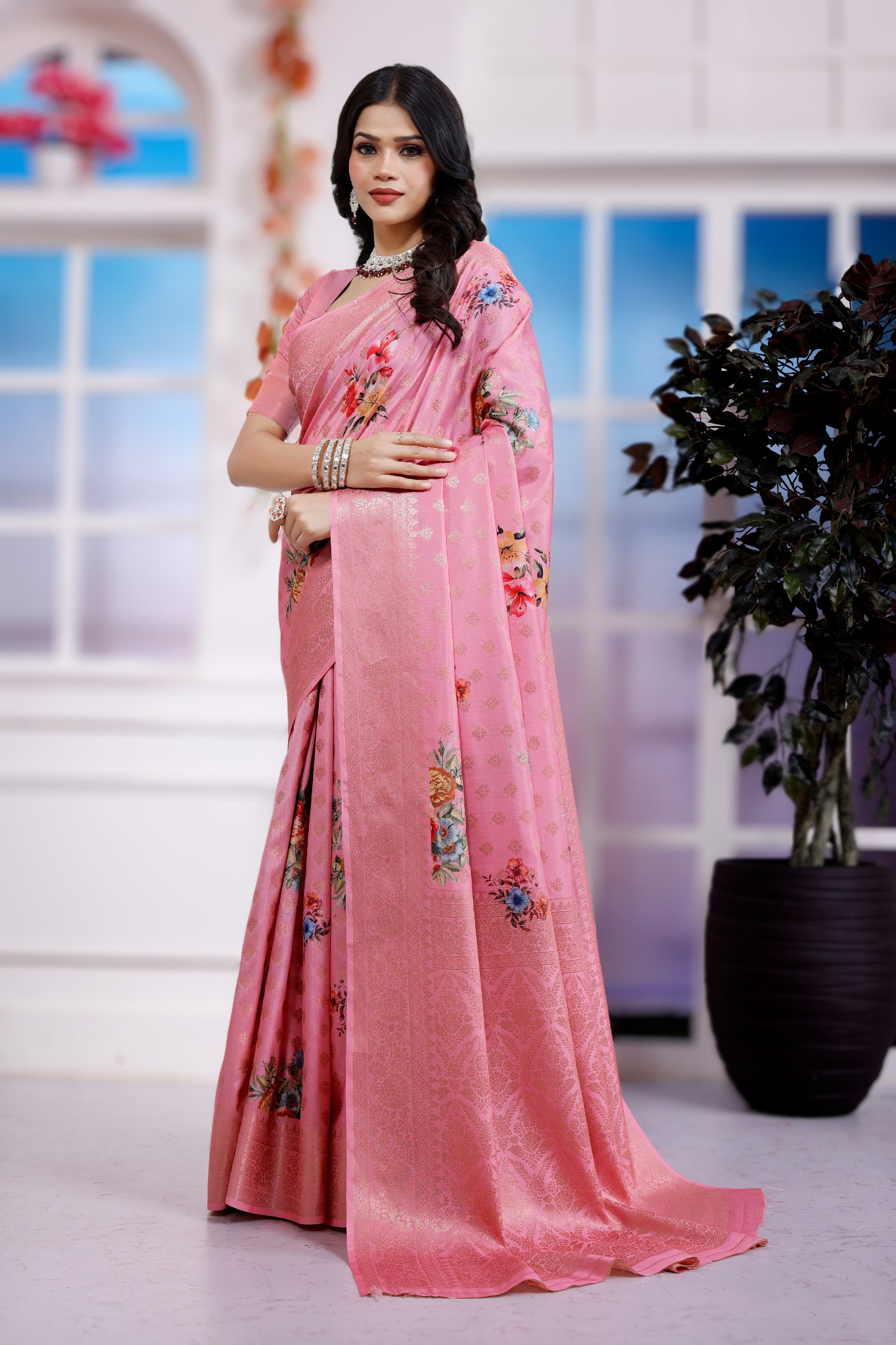 Luxurious Viscose Pink Party Wear Saree With Running Blouse For Womens