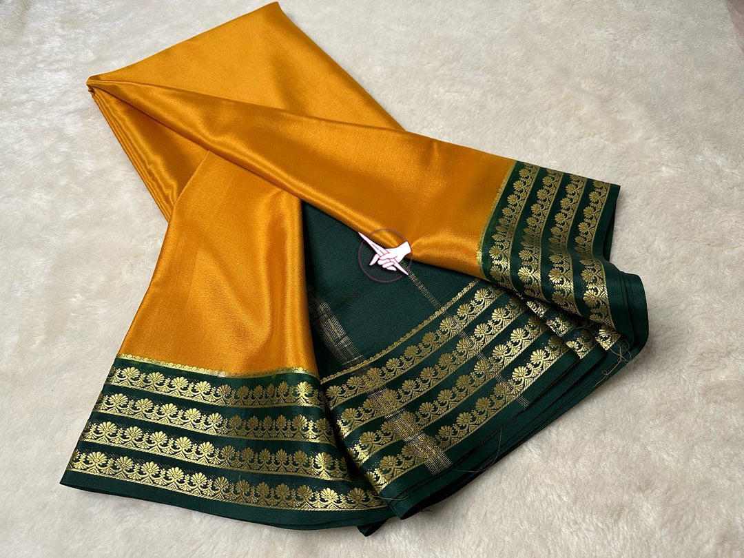 Floral Zari Border Green Colour Plain Mysore Silk Saree.