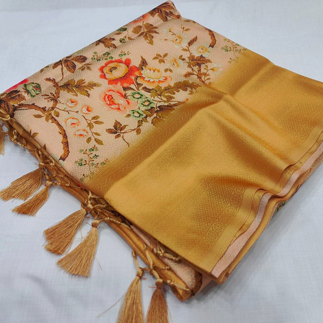 Stylish Golden Soft Silk Saree With Digital Prints