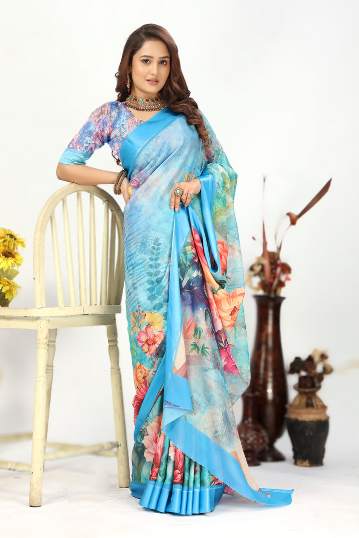Elegance Redefined The Georgette Silk Cyan Saree