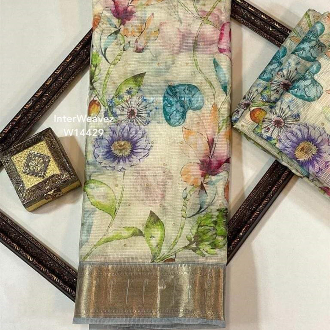 Beige Color Kota Zari Silk Digital Printed Saree