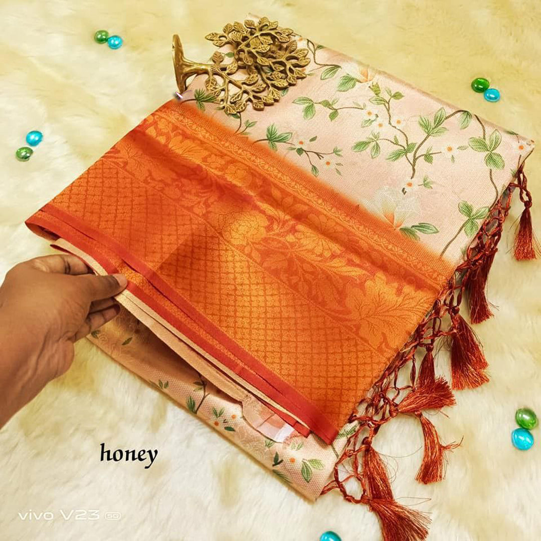 Orange Color Digital Printed Designer Soft Silk Saree