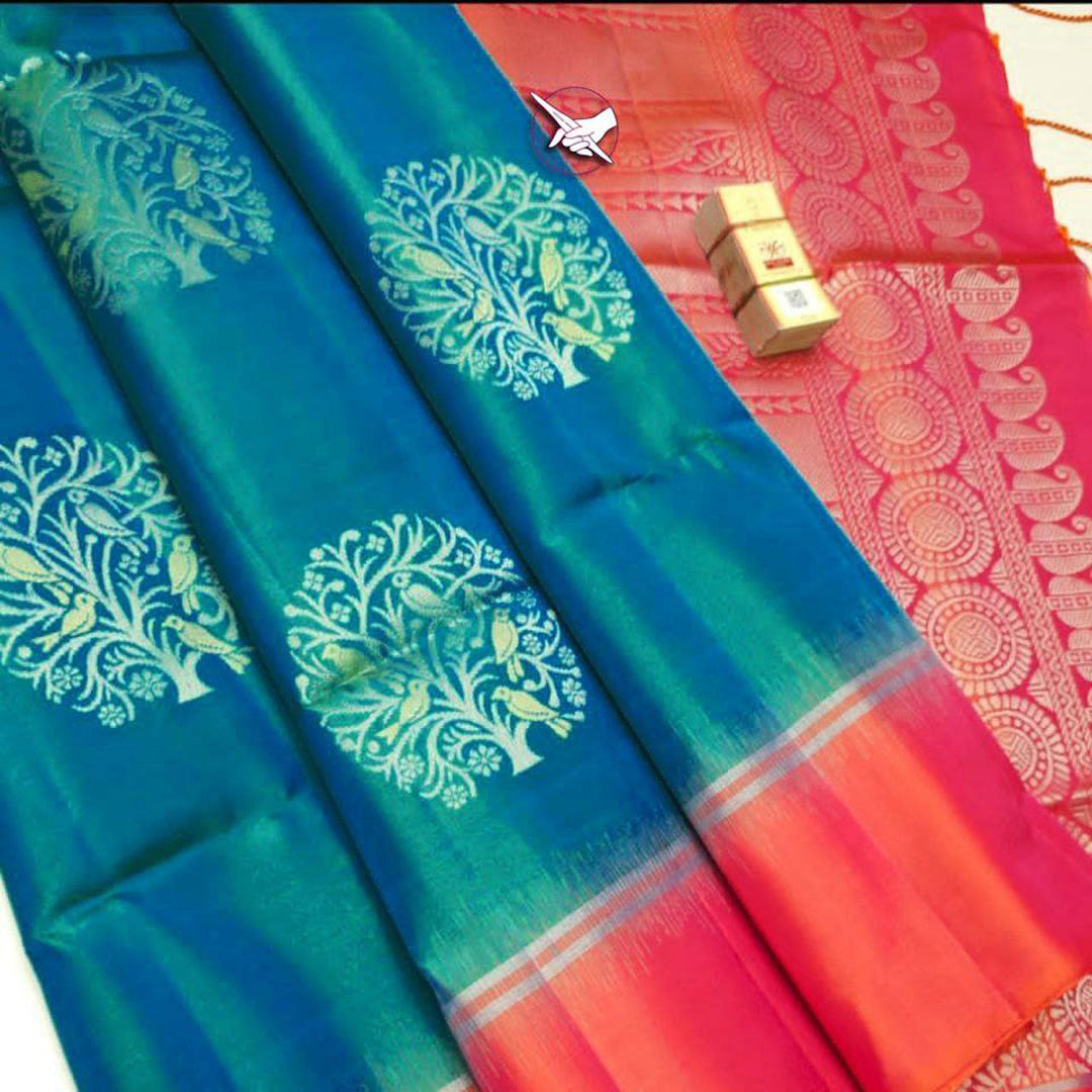 Classic Threads Artistic Cyan Kanchipuram Silk Saree