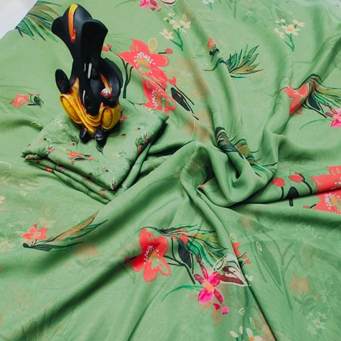 Georgette Fabric Digital Floral Print Saree In Sea Green Color