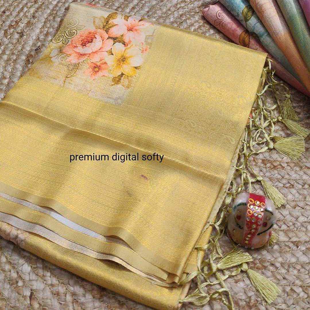 Delicate Yellow Soft Silks Digital Printed Saree