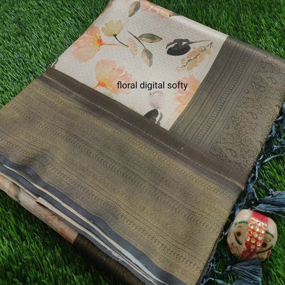 Bold Beige Soft Silk Saree In Digital Print