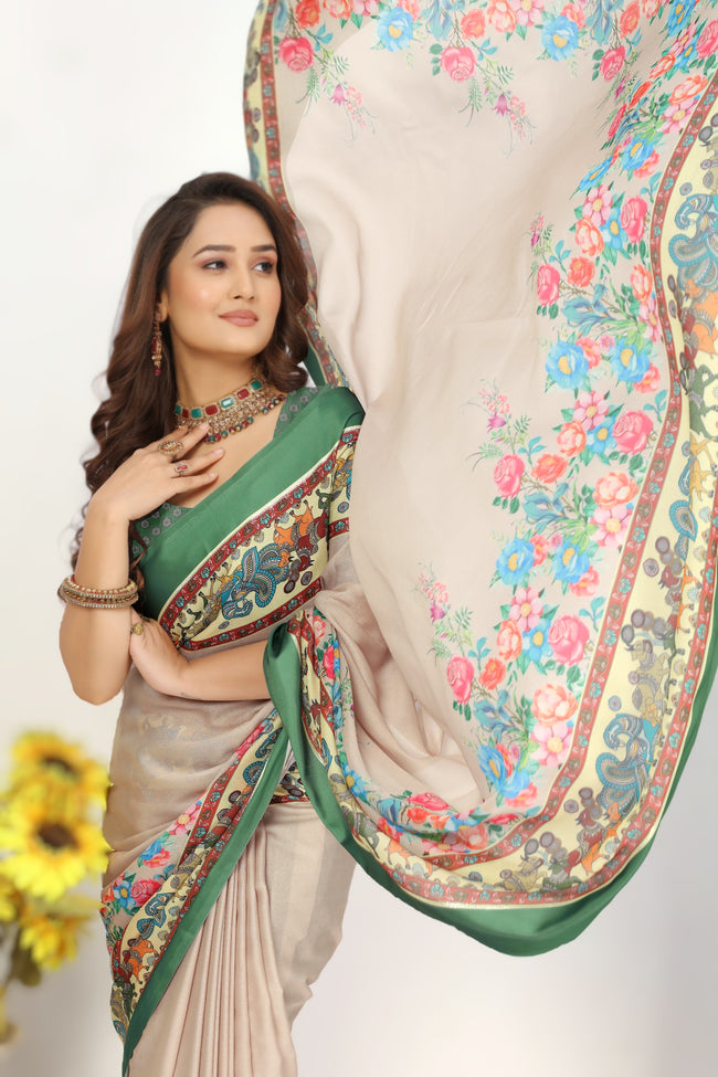 Grace In Every Drape Beige Viscose Georgette Silk Saree