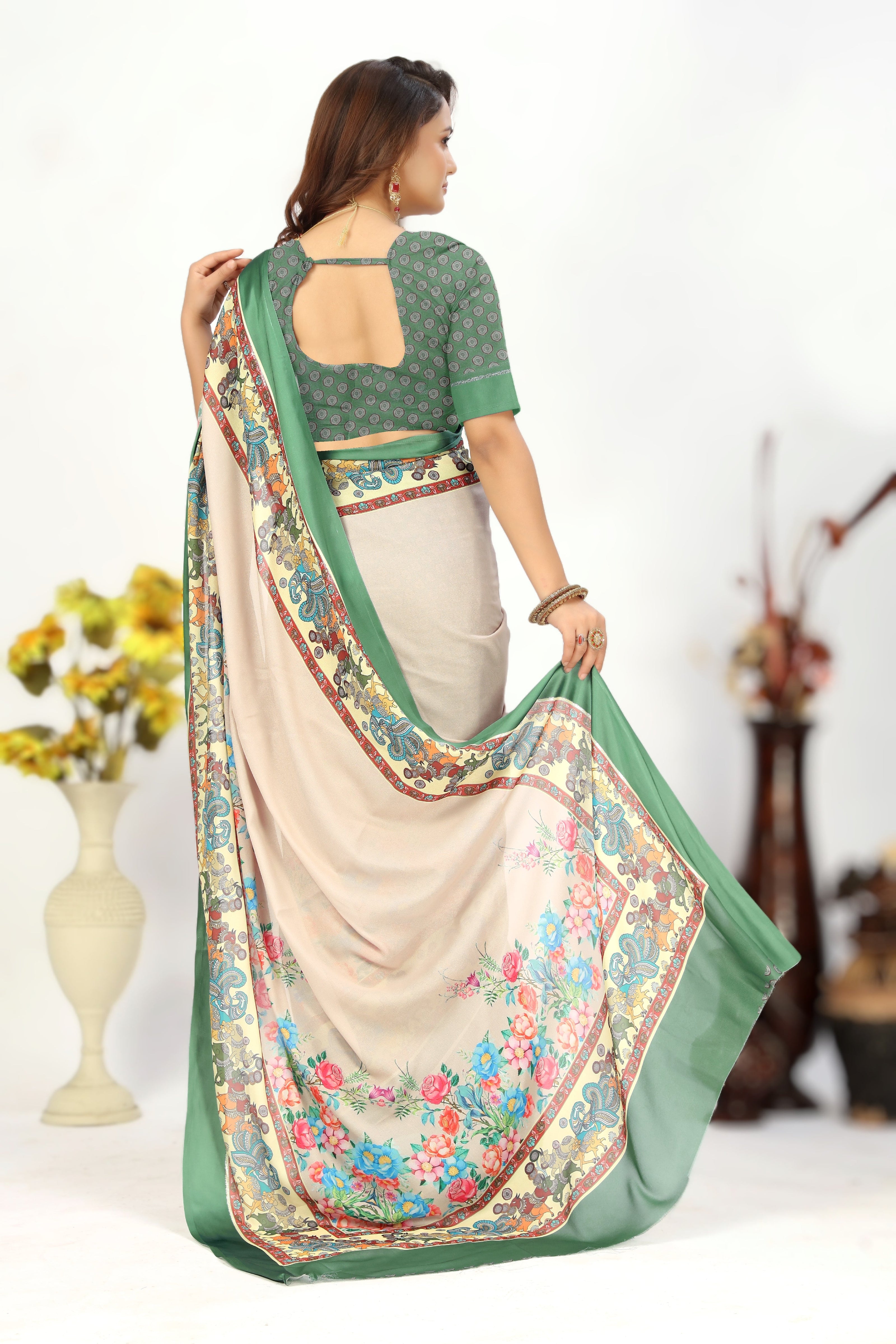 Grace In Every Drape Beige Viscose Georgette Silk Saree