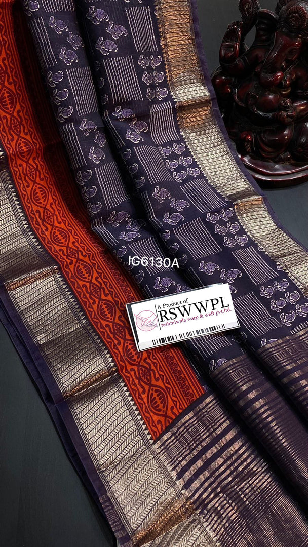Blue Elegant Maheswari print saree with intricate jari border weaving, a blend of tradition and contemporary grace