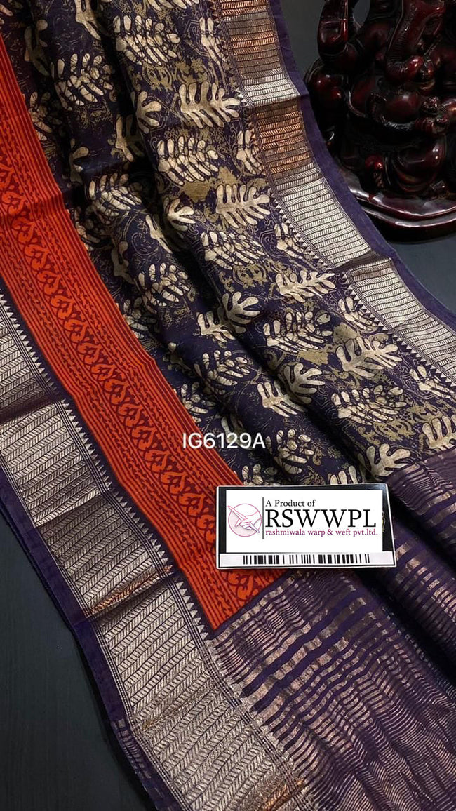 Women Blue Color Floral Print Silk Saree