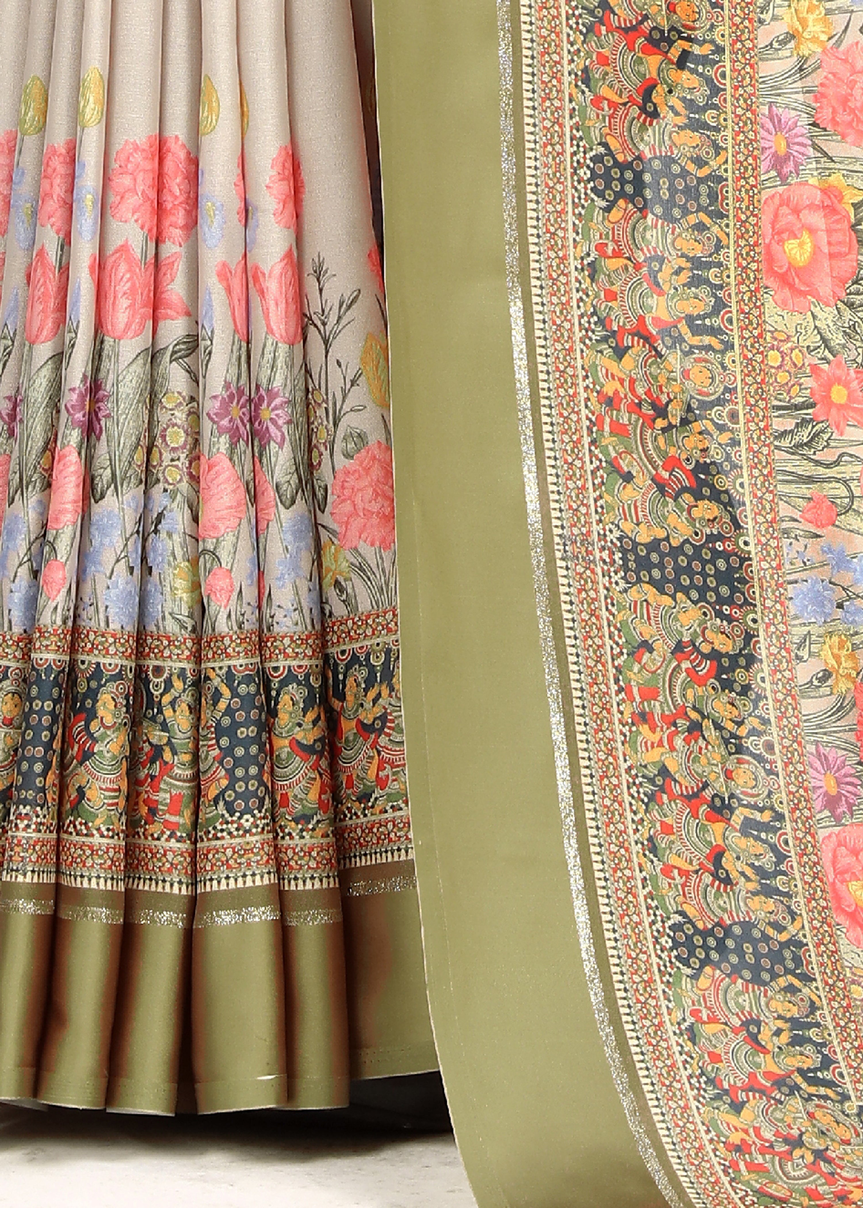 Beige Viscose Georgette Heritage Floral Print Saree