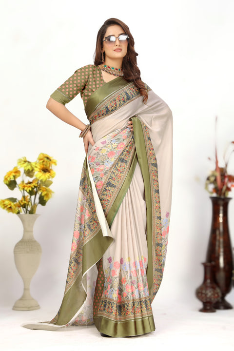 Beige Viscose Georgette Heritage Floral Print Saree