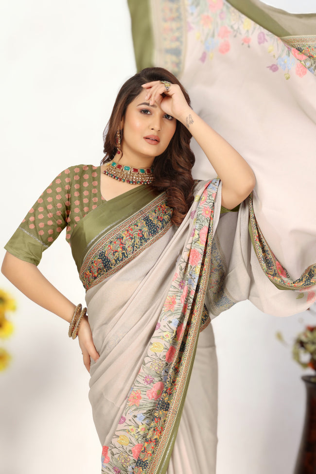 Beige Viscose Georgette Heritage Floral Print Saree