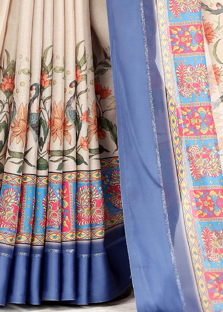 Beige Georgette Silk Peacock Print Saree