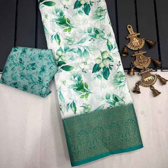 Enriching Sea Green Artistic Silk Saree With Digital Detailing