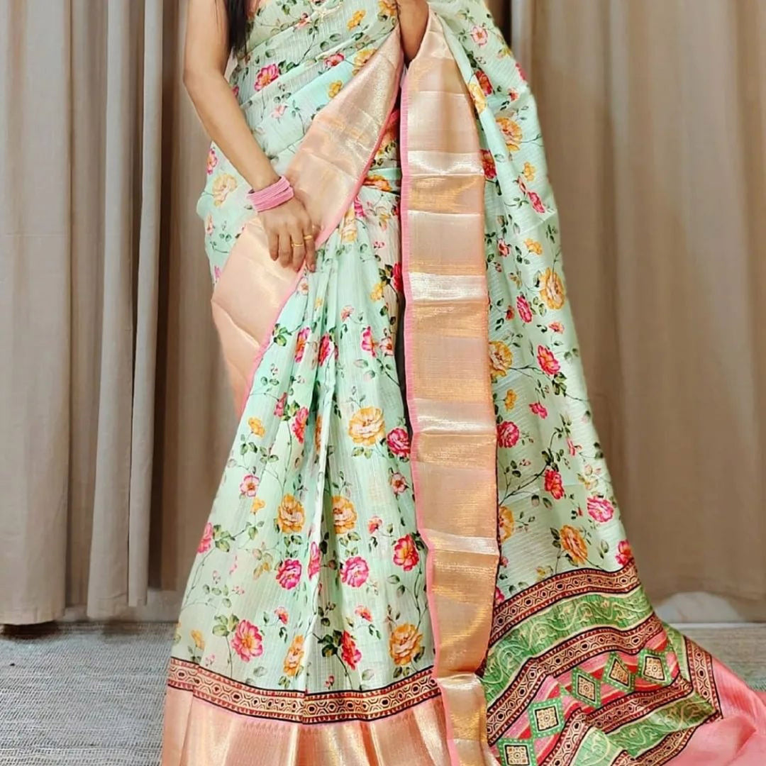 Kota Zari Silk Digital Printed Sea Green Saree
