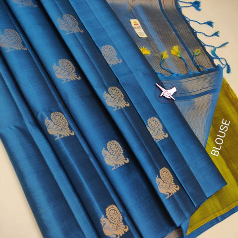 Artisan Touch Appealing Sky Blue Premium Quality Silk Drape Saree