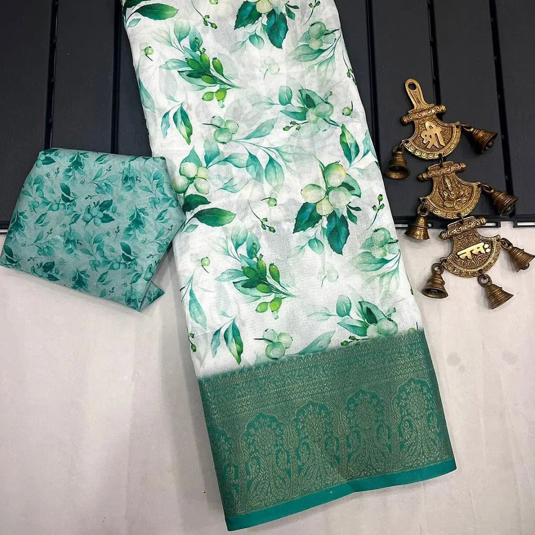 Sea Green Color Pure Silk Digital Floral Print Saree With Blouse