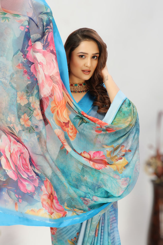 Elegance Redefined The Georgette Silk Cyan Saree