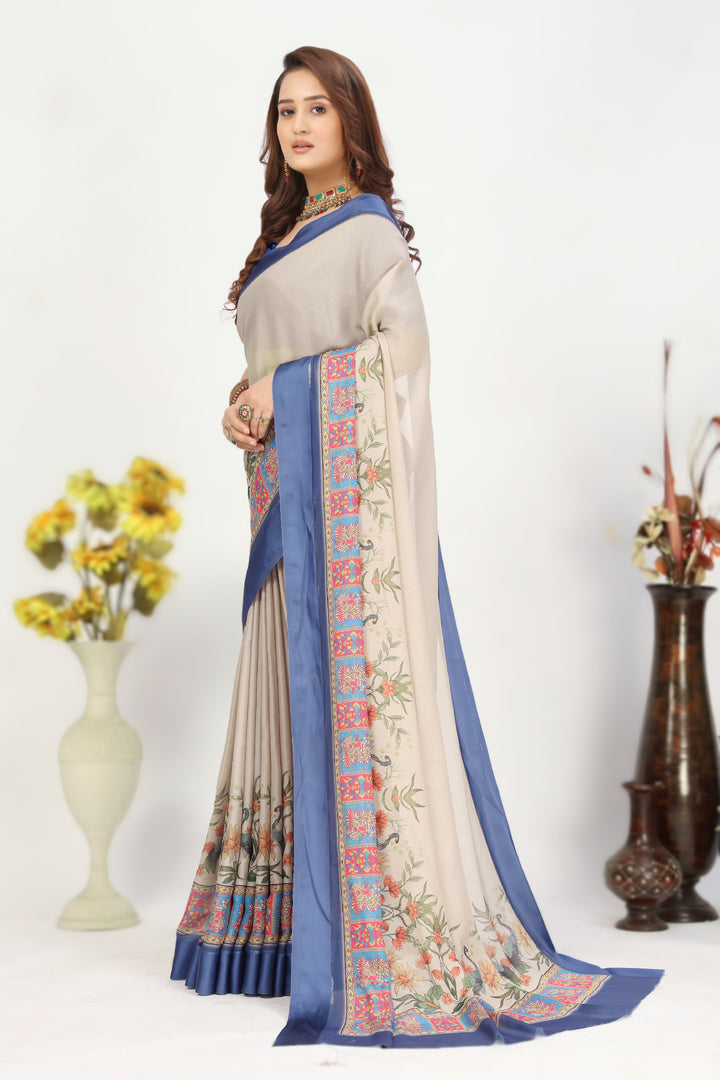 Beige Georgette Silk Peacock Print Saree