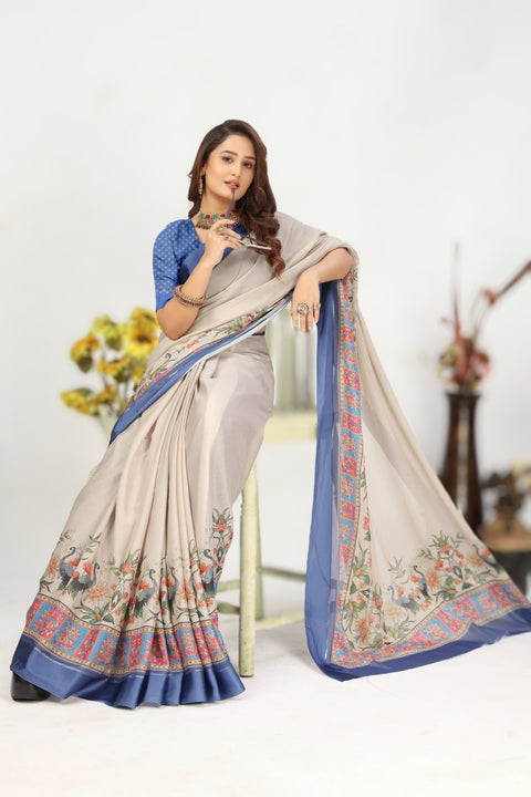Beige Georgette Silk Peacock Print Saree