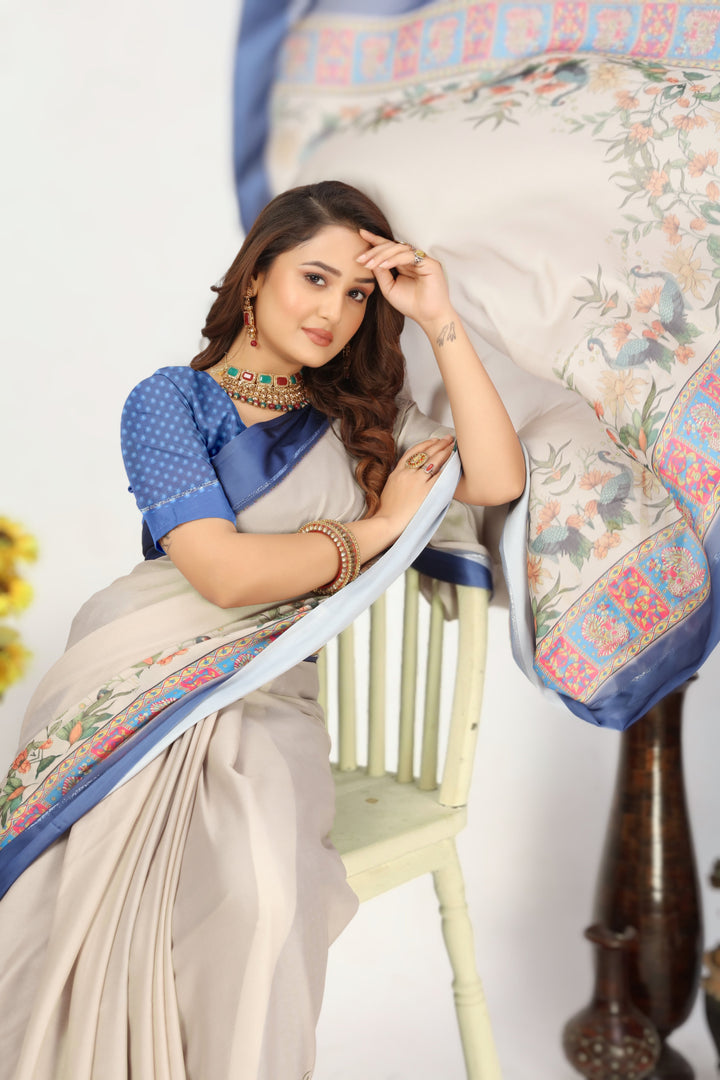Beige Georgette Silk Peacock Print Saree