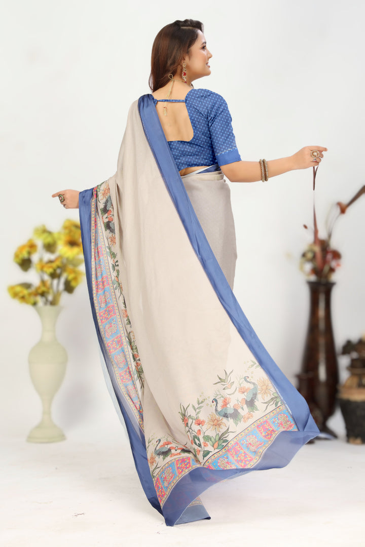 Beige Georgette Silk Peacock Print Saree