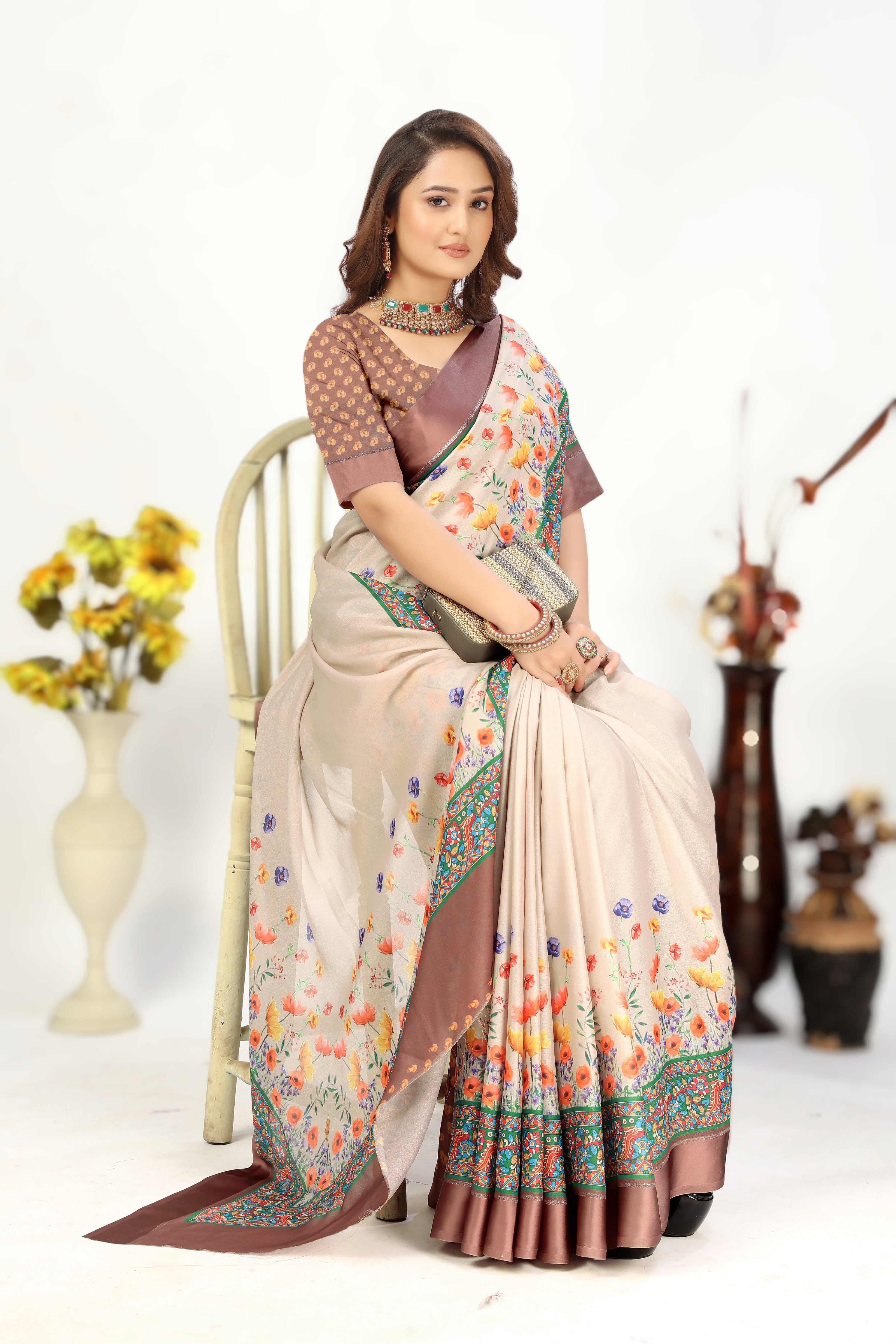 Weightless Georgette Silk Dark Beige Printed Saree
