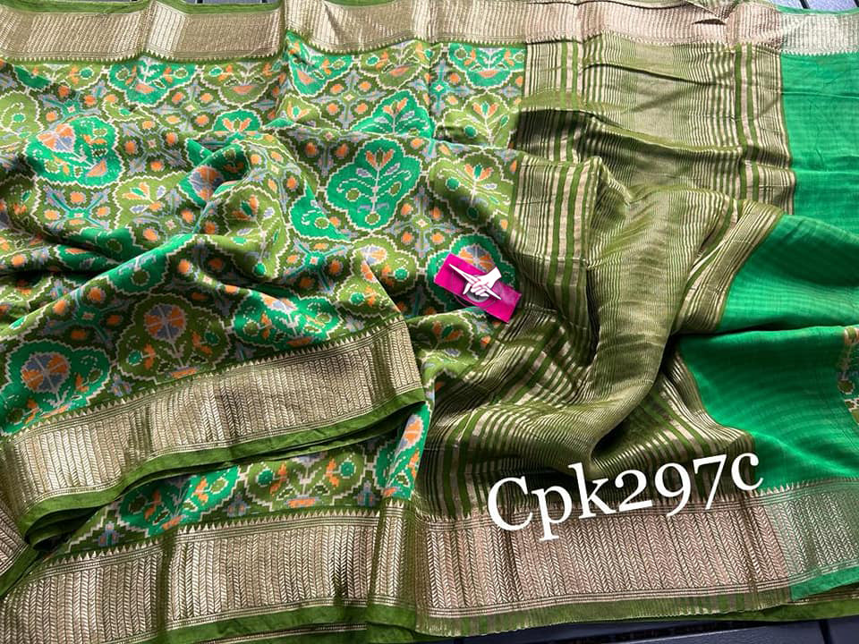 Tusser soft silk sarees with allover patola digital printed with zari border