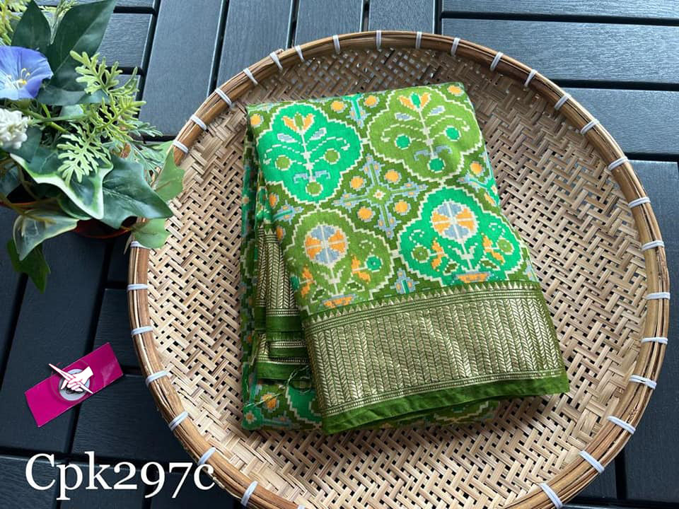 Tusser soft silk sarees with allover patola digital printed with zari border