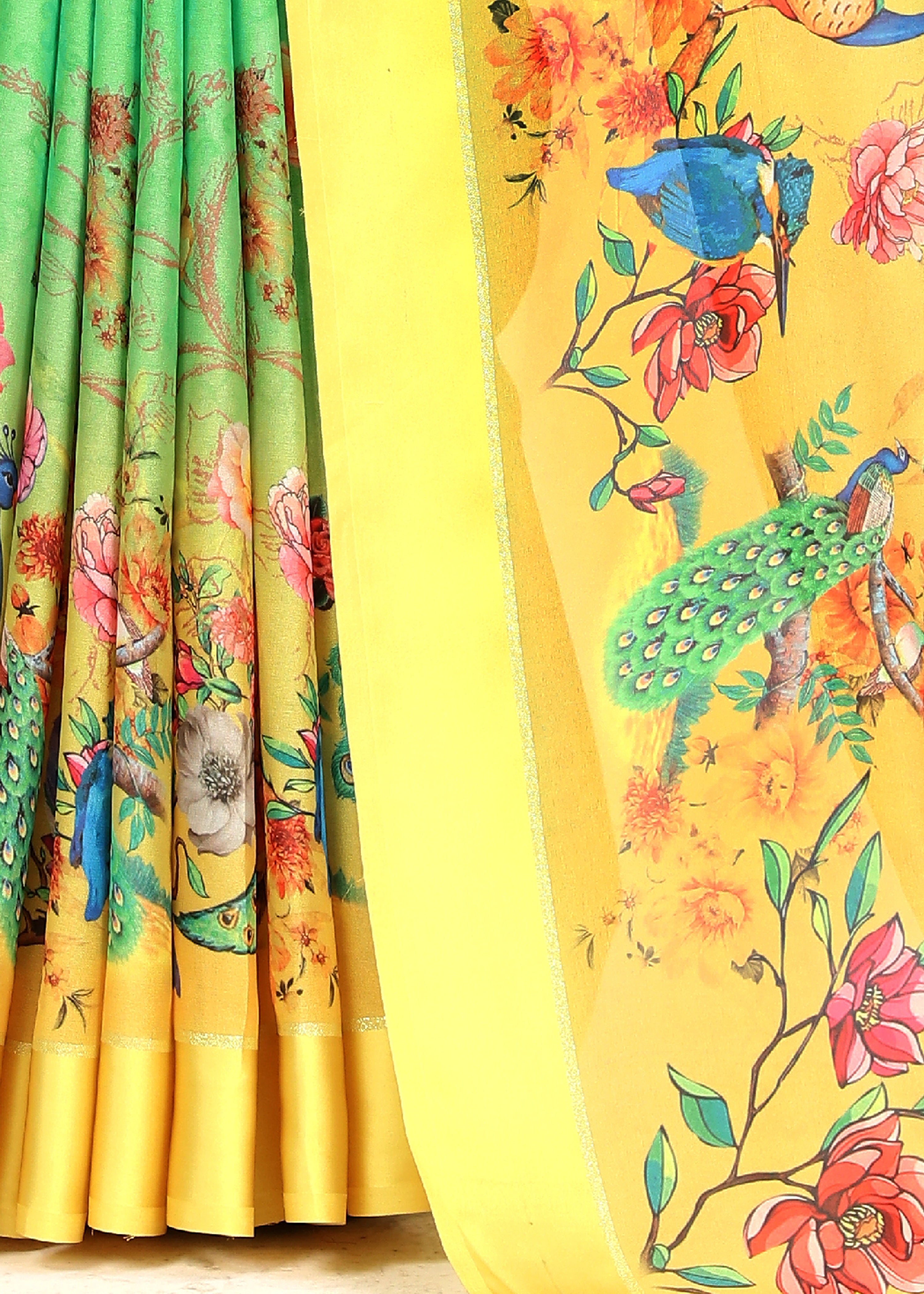 Digital Print Georgette Contemporary Green Saree