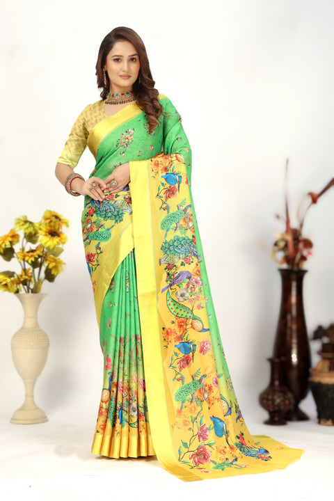 Digital Print Georgette Contemporary Green Saree