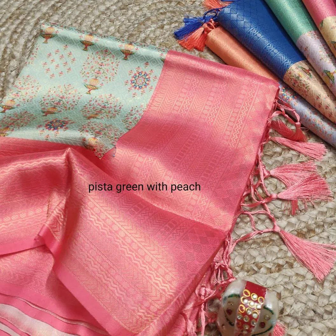 Pista Green Color Soft Silk Party Wear Digital Printed Designer Saree