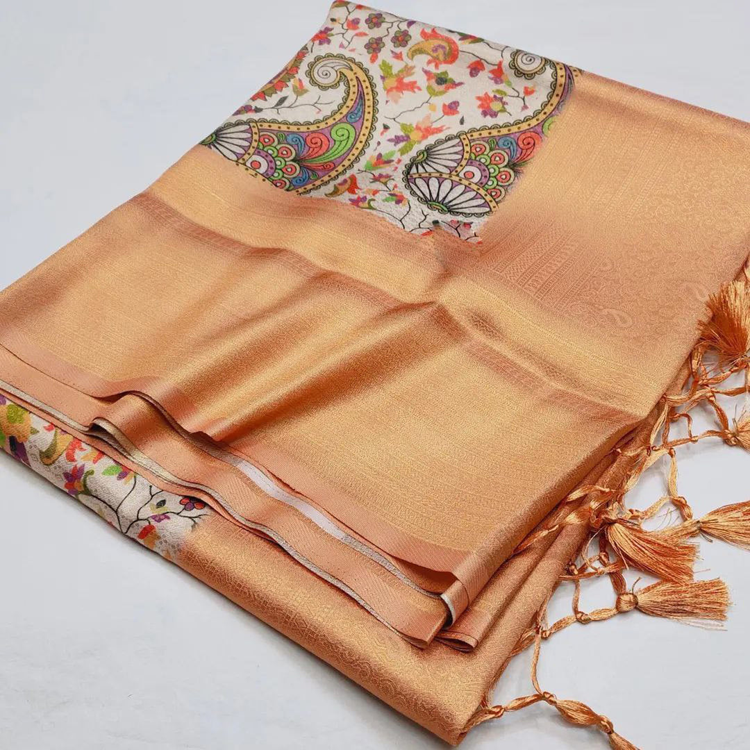 Digital Print Soothing Soft Silk Saree In Peach Color