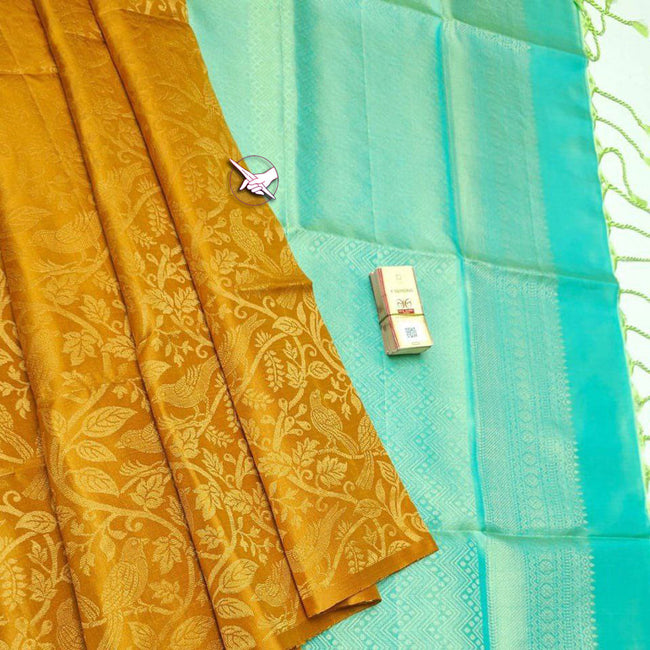 Mustard Elegance Kanchipuram Lichi Silk Saree With Intricate Weaving