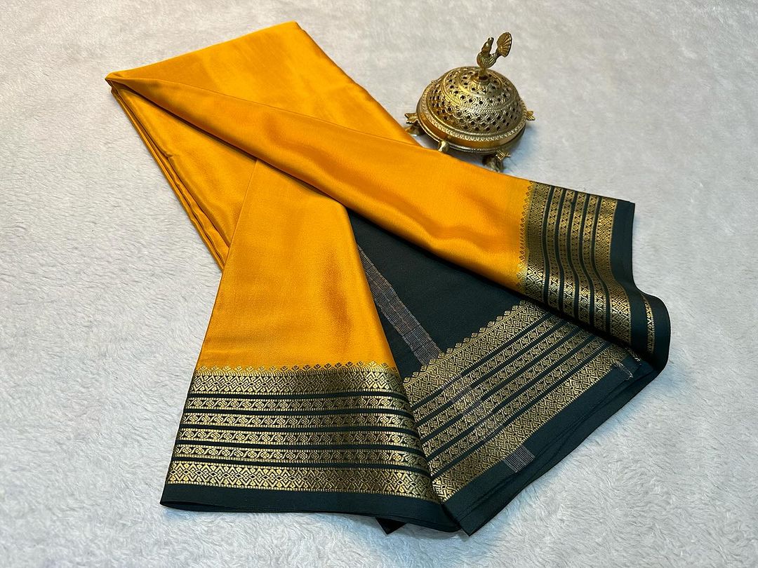 Exclusive Zari Border Yellow   Colour Plain Mysore Silk Saree.