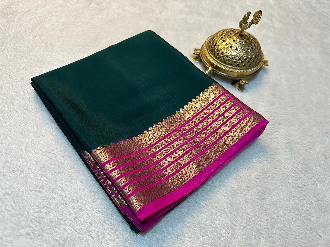 Exclusive Zari Border Green Colour Plain Mysore Silk Saree.