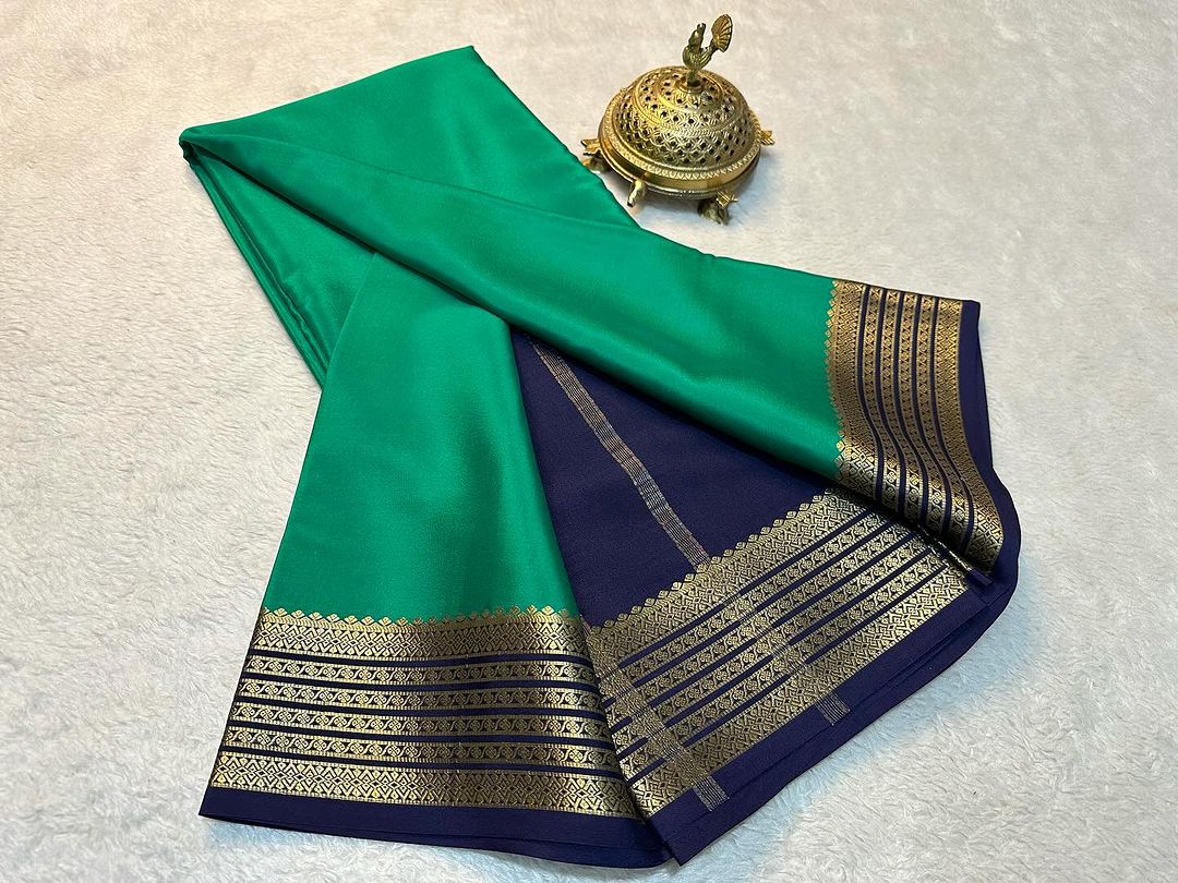 Exclusive Zari Border Green  Colour Plain Mysore Silk Saree.