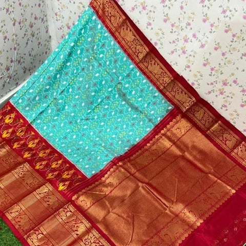 Cyan Color Exclusive Ikkat Kanchi Border Weaving Print Saree With Blouse