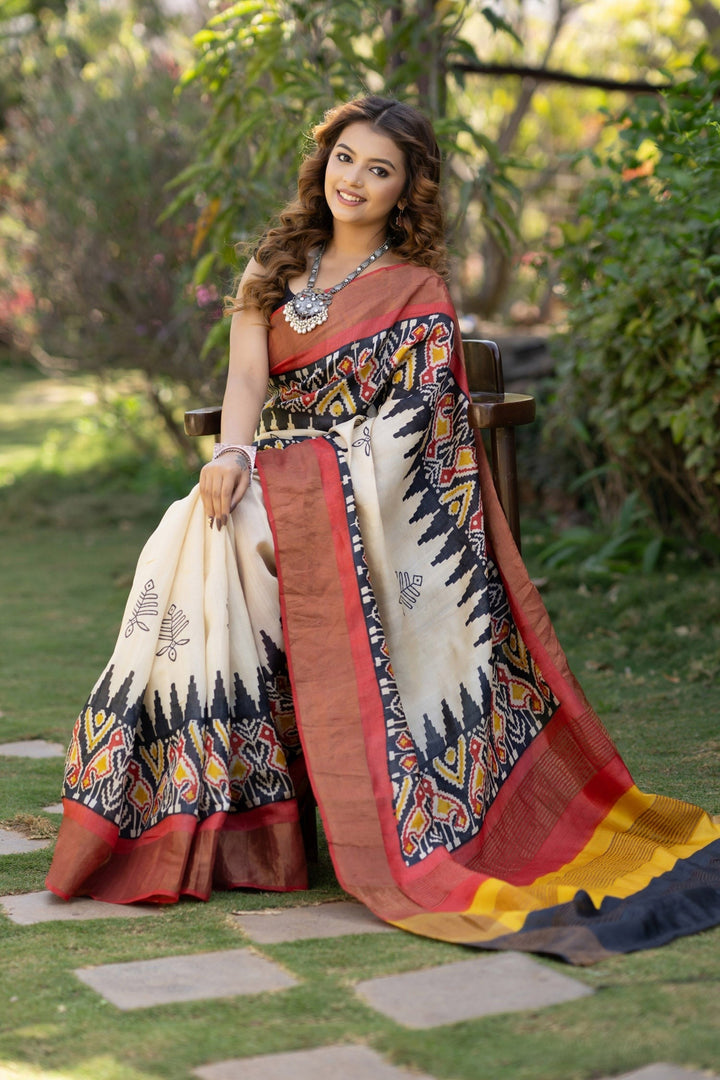 Artisanal Handloom Tussar Saree Kalamkari Print With Unstitched Blouse Piece