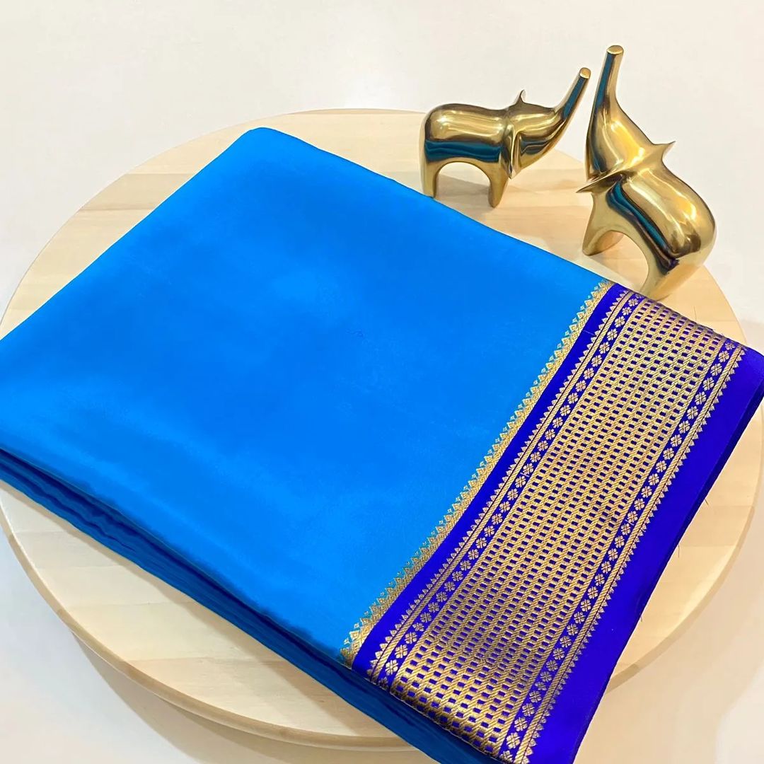 Sky Blue Mysore Silk Saree Elegant Plain Weave With Fancy Zari Border And Matching Blouse