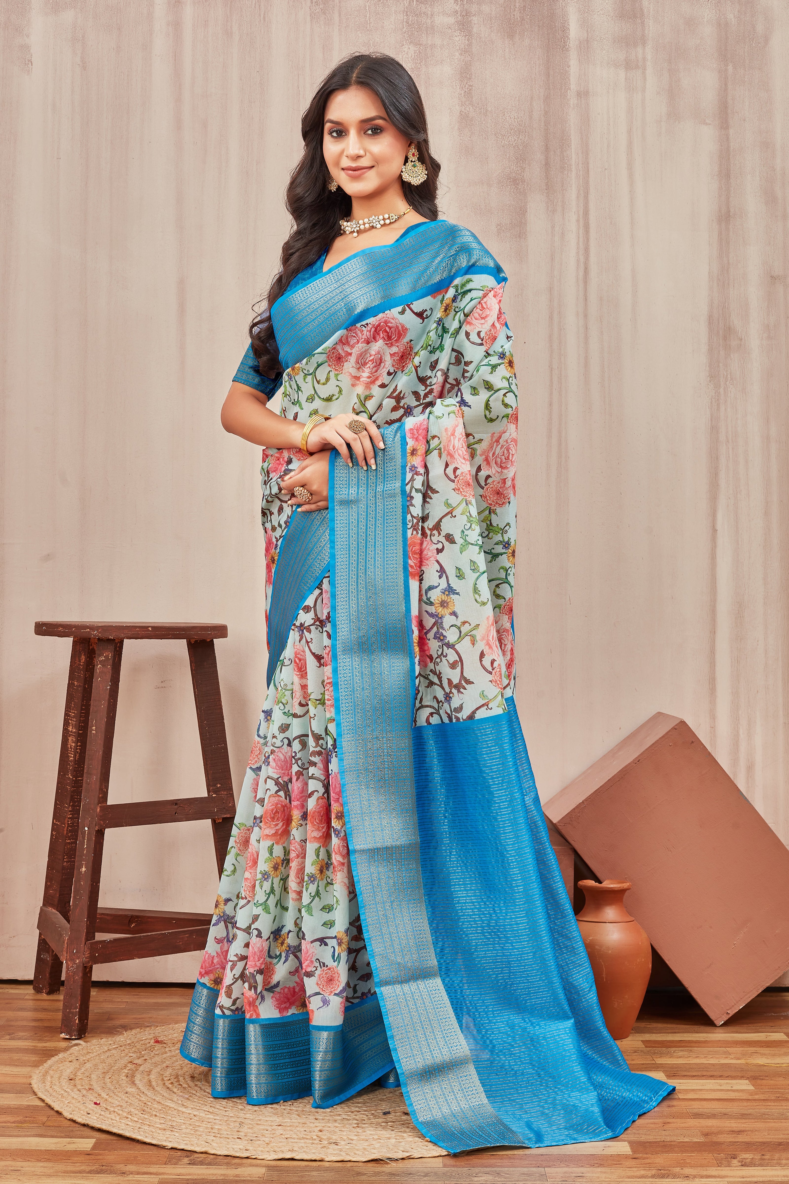 Light Cyan Pure Mysore Crepe Saree With Floral Digital Prints And Long Zari Woven Border